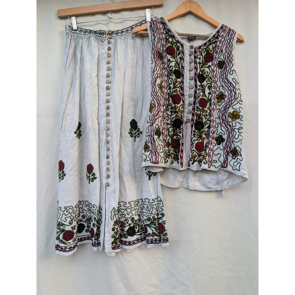 Sacred Threads Embroidered Two Piece Set Skirt and Top Grey Floral OSFM
